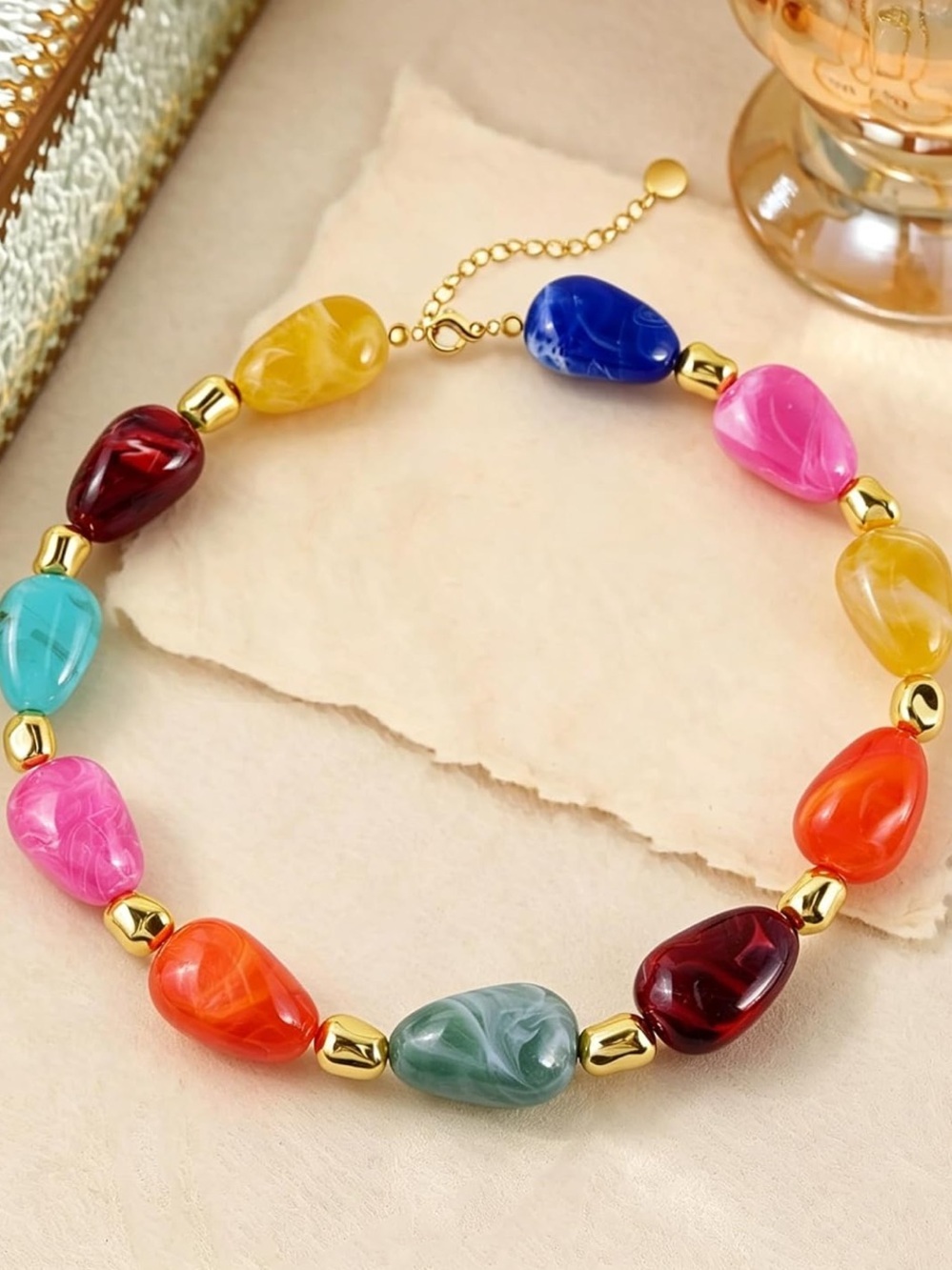 Anthropologie Multicolor Resin Teardrop Necklace with Gold Beads - Picture 4 of 6